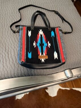 Myra Bag Black Tote with Red, Turquoise & White Aztec Pattern